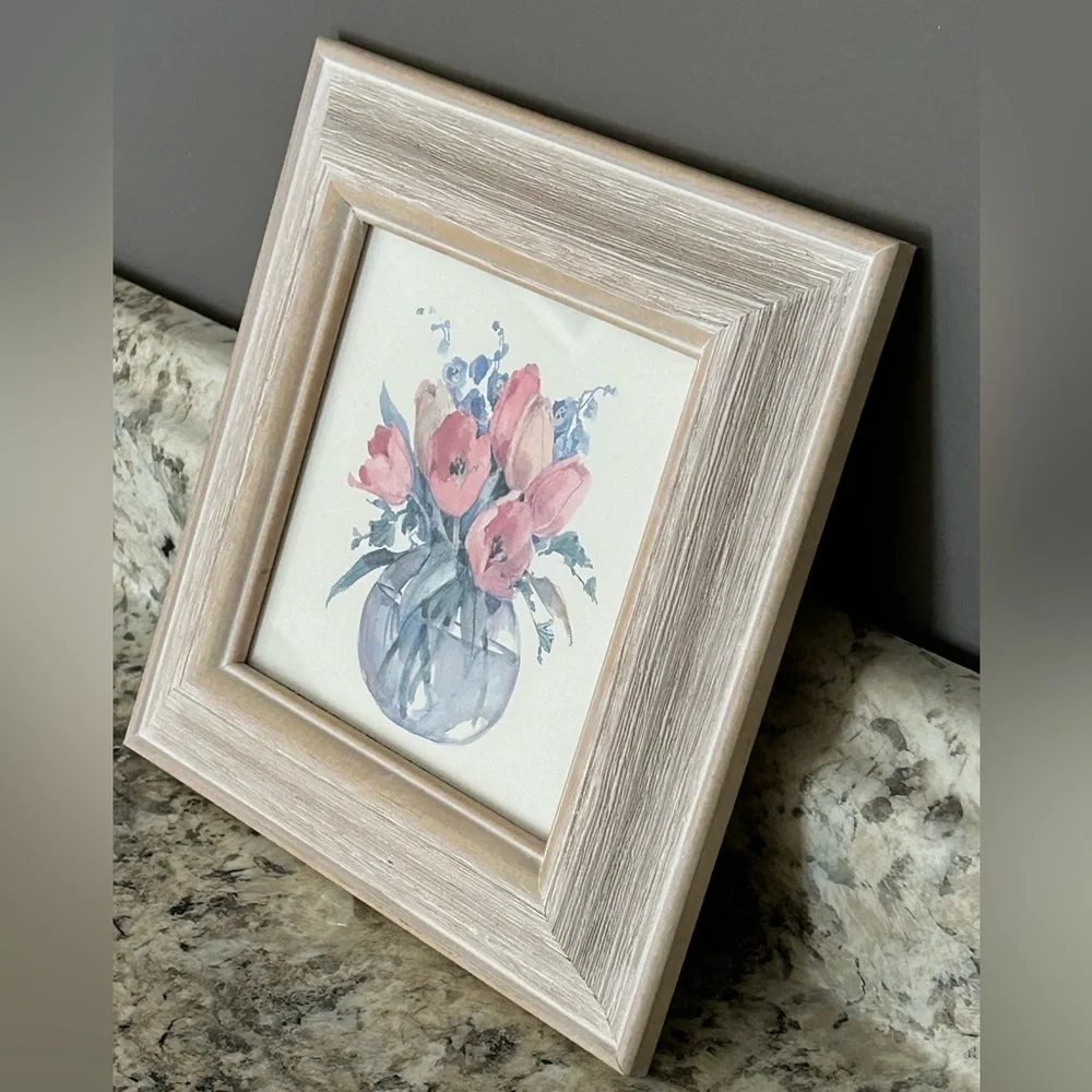 NWT Decorative Framed Watercolor Flowers Vase Whitewashed Wooden Frame 8”X 8”